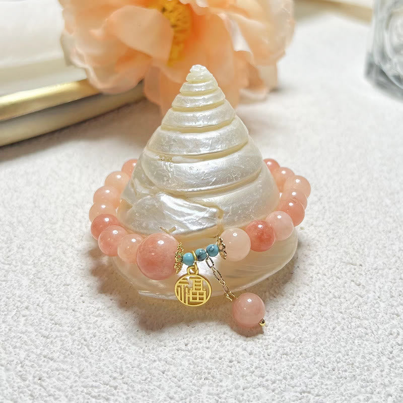 Buddha Stones Natural Orange Stone Turquoise Fu Character Charm Luck Fortune Bracelet Bracelet BS Natural Stone(Wrist Circumference 14-18cm)