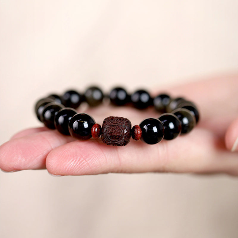 Buddha Stones Natural Gold Sheen Obsidian Rainbow Obsidian Om Mani Padme Hum Fu Character Healing Bracelet Bracelet BS 15