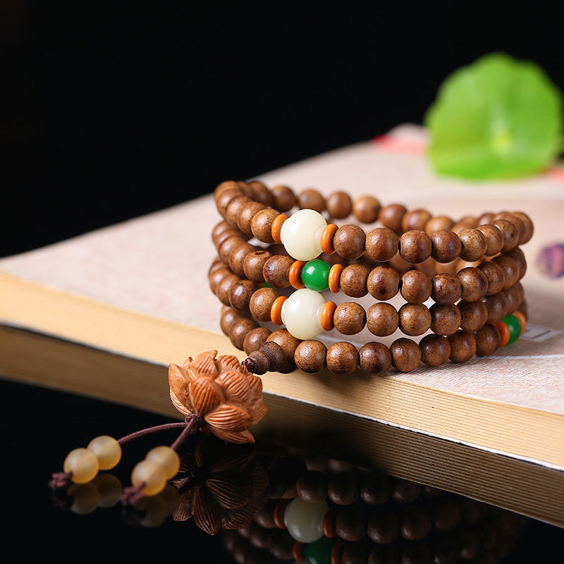 Buddha Stones 108 Mala Beads Peach Wood Bodhi Seed Lotus Prayer Meditation Bracelet Mala Bracelet BS 1