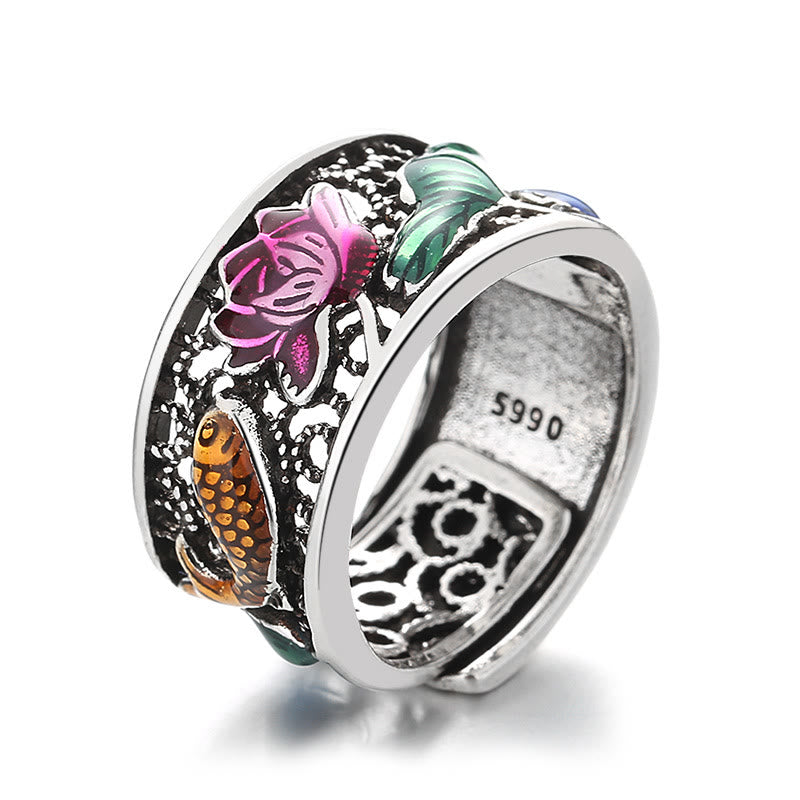 Buddha Stones Copper Blue Enamel Lotus Heart Sutra Koi Fish Luck Ring Ring BS 11