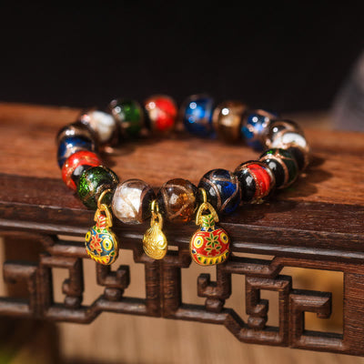 Buddha Stones Five Elements Gold Swallowing Beast Family Charm Liuli Glass Bead Luck Bracelet Bracelet BS Liuli Glass Bead&Small Blue Red Gold Swallowing Beast Family 14mm(15 Beads)