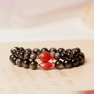 Bracelet Foviel en obsidienne argentée naturelle, cinabre et motif de poisson koï pour une protection apaisante