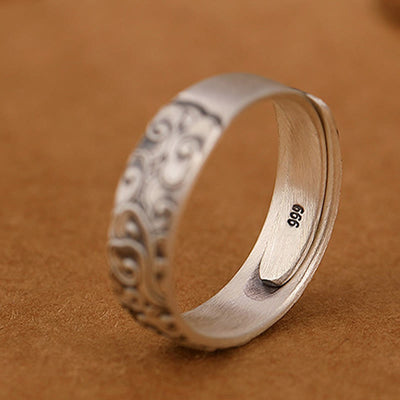 Foviel 999 Sterling Silver Lotus Flower Plum Blossom Auspicious Clouds Engraved Enlightenment Ring