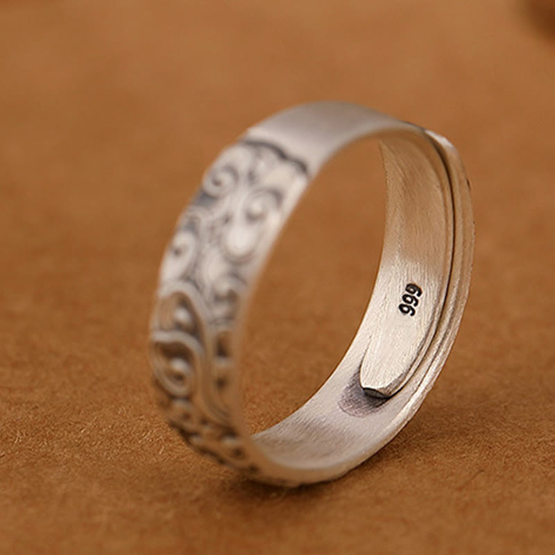 Foviel 999 Sterling Silver Lotus Flower Plum Blossom Auspicious Clouds Engraved Enlightenment Ring