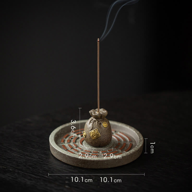 Buddha Stones Small Treasure Bowl Lucky Bag Bagua Tray Healing Ceramic Stick Incense Burner Decoration Incense Burner BS Brown Lucky Bag +Bagua Tray 10.1*10.1*3.6cm