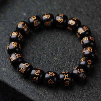 Buddha Stones Tibetan Ebony Wood Om Mani Padme Hum Engraved Peace Bracelet Bracelet BS 1