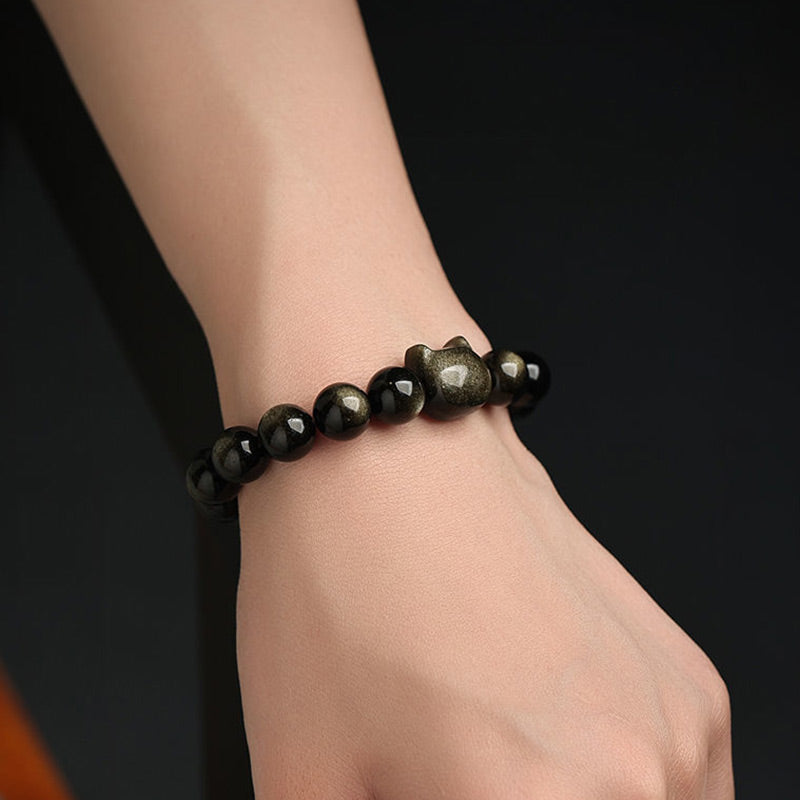 Foviel Gold Sheen Obsidian Silber Sheen Obsidian Schöne Paw Glück Katzenschutz Armband