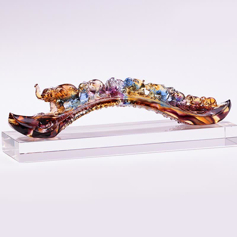 Buddha Stones Handmade Liuli Crystal Ruyi Elephant Art Piece Home Decoration With Crystal Base Decorations BS 7