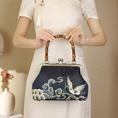 Buddha Stones Auspicious Clouds Cranes Embroidery Bamboo Handle Handbag Crossbody Bag Crossbody Bag&Handbags BS Auspicious Clouds Cranes Black 24*8.5*16.5cm