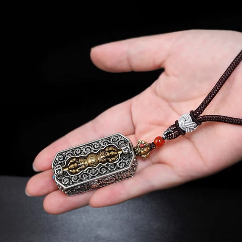 Buddha Stones Tibetan Om Mani Padme Hum Carved Dorje Vajra Rotatable Lotus Pattern Purity Rope Necklace Pendant Necklaces & Pendants BS 6