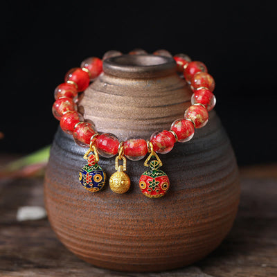 Buddha Stones Gold Swallowing Beast Family Charm Gold Silver Foil Liuli Glass Bead Blessings Bracelet Bracelet BS Red Gold 10mm(18 Beads)
