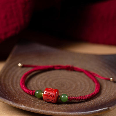 Buddha Stones Tibetan Cinnabar Om Mani Padme Hum Engraved Blessing Braided Rope Bracelet Bracelet BS 6