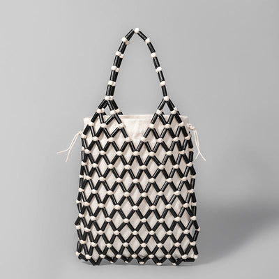 Buddha Stones Hand-woven Mesh Hollow Wooden Beads Handbag Handbags BS Black 15*4*25cm