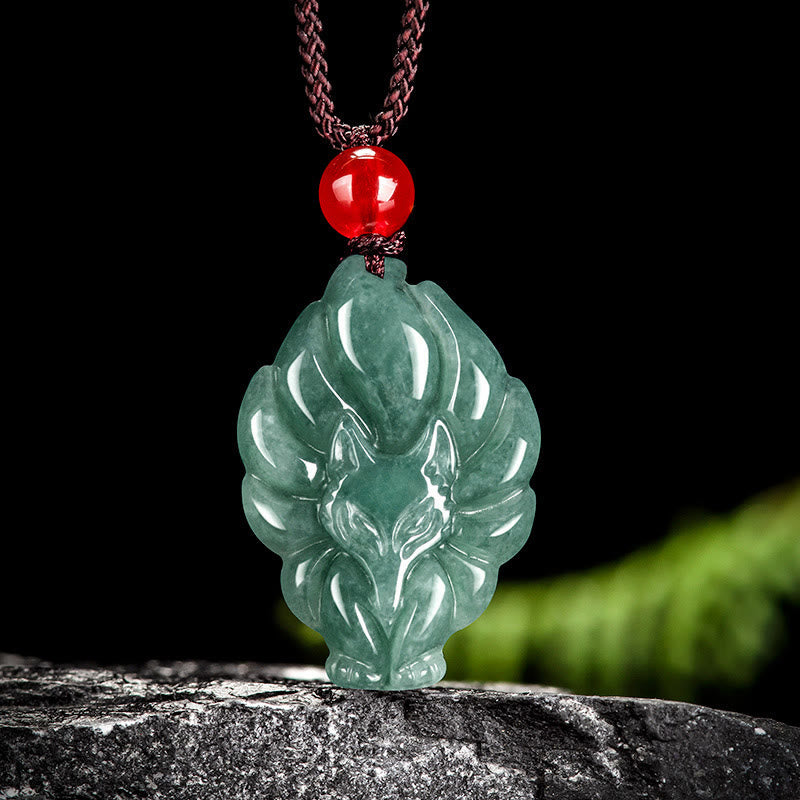 Foviel Natural Green Jade Nine Tailed Fox Luck Necklace Pendant