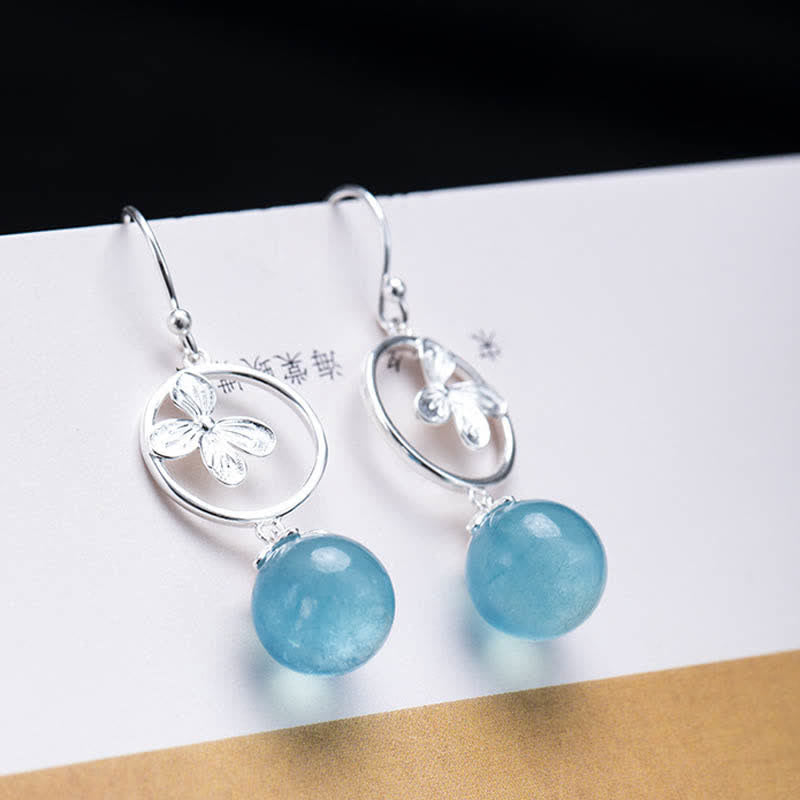 Buddha Stones 925 Sterling Silver Natural Aquamarine Leaf Flower Peace Earrings Necklace Earrings BS 14