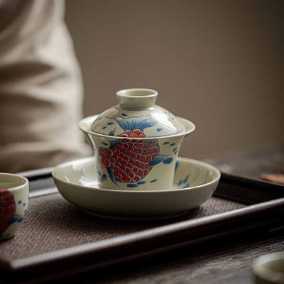 Buddha Stones Koi Fish Arowana Ceramic Gaiwan Sancai Teacup Kung Fu Tea Cup With Lid 130ml Cup BS 13