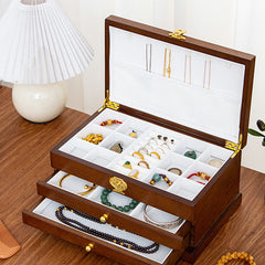 Buddha Stones Retro Wooden Jewelry Box Three-Layer Jewelry Storage Box Jewelry Box BS 31.5*19.5*14.5cm