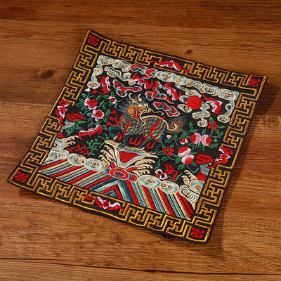 Buddha Stones Crane Phoenix Dragon Kirin Embroidered Cup Mat Pad Tea Cup Coaster Square Kung Fu Tea Mat Tea Mat BS Black Kirin
