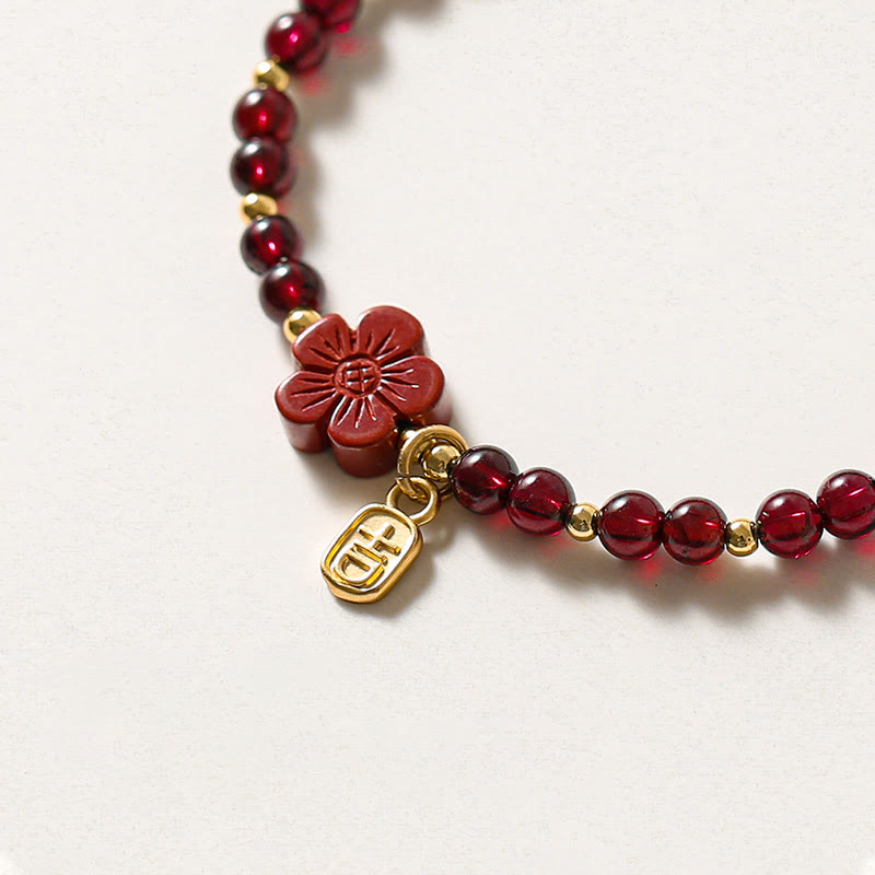Buddha Stones 14K Gold Natural Garnet Cinnabar Flower Calm Bracelet Bracelet BS 6