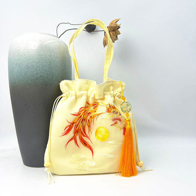 Buddha Stones Lotus Peony Epiphyllum Phoenix Suzhou Embroidery Cotton Linen Tote Crossbody Bag Shoulder Bag Handbag Crossbody Bag BS Yellow Golden Phoenix 21*22cm
