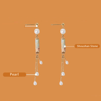 Buddha Stones 925 Sterling Silver Posts Shoushan Stone Pearl Healing Drop Earrings 9