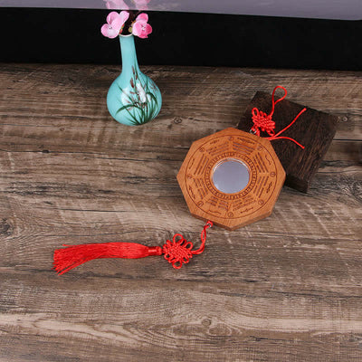 Buddha Stones Feng Shui Bagua Map Peach Wood Five-Emperor Coins Chinese Knotting Balance Energy Map Mirror Bagua Map BS 20*2cm Convex Mirror Bagua Map&Chinese Knotting