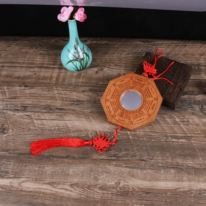 Buddha Stones Feng Shui Bagua Map Peach Wood Five-Emperor Coins Chinese Knotting Balance Energy Map Mirror Bagua Map BS 20*2cm Convex Mirror Bagua Map&Chinese Knotting