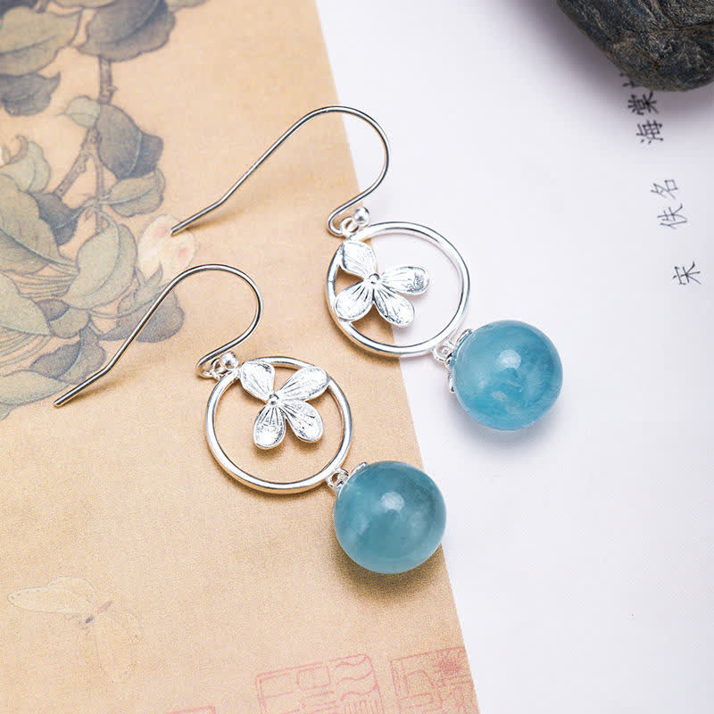 Buddha Stones 925 Sterling Silver Natural Aquamarine Leaf Flower Peace Earrings Necklace Earrings BS Aquamarine Flower Earrings