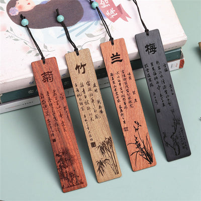 Buddha Stones Plum Orchid Bamboo Chrysanthemum Wood Bookmarks With Gift Box Bookmarks BS main