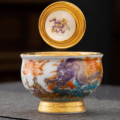 Buddha Stones Golden Eagle Auspicious Dragon Sun Ocean Waves Gilt Ceramic Teacup Kung Fu Tea Cup Cup BS Auspicious Dragon 8.6cm*6.1cm*180ml