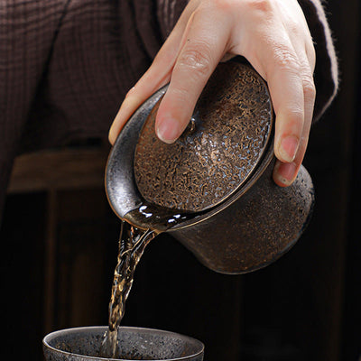 Buddha Stones Retro Rust Glaze Ceramic Gaiwan Sancai Teacup Kung Fu Tea Cup And Saucer With Lid Cup BS 5