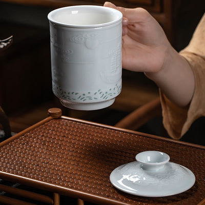 Buddha Stones Jingdezhen Linglong Porcelain Auspicious Dragon Phoenix Boat Smooth Sailing Ceramic Teacup Office Tea Cups 420ml Cup BS 12