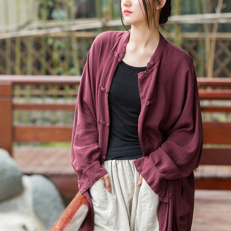 Buddha Stones Frog-Button Long Sleeve Zen Meditation Open Front Jacket With Pockets 7