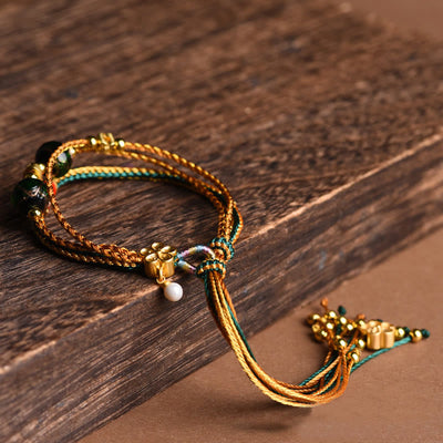 Buddha Stones Tibetan Handmade Rope Liuli Glass Bead Braided Multilayered Healing Bracelet Bracelet BS 1