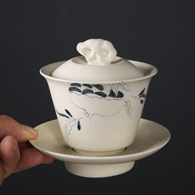 Buddha Stones Hand Painted Pomegranate Hibiscus Pine Lotus Ceramic Gaiwan Sancai Teacup Kung Fu Tea Cup And Saucer With Lid Cup BS 12