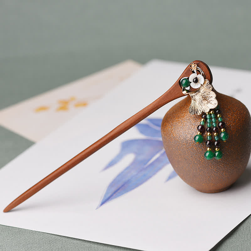 Buddha Stones Red Sandalwood Green Agate Ginkgo Leaf Protection Hairpin Hairpin BS 2