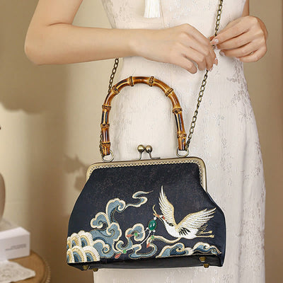 Buddha Stones Auspicious Clouds Cranes Embroidery Bamboo Handle Handbag Crossbody Bag Crossbody Bag&Handbags BS 2
