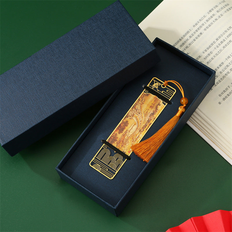 Buddha Stones A Panorama of Rivers and Mountains Metal Hollow Bookmarks Tassel With Gift Box Bookmarks BS 4