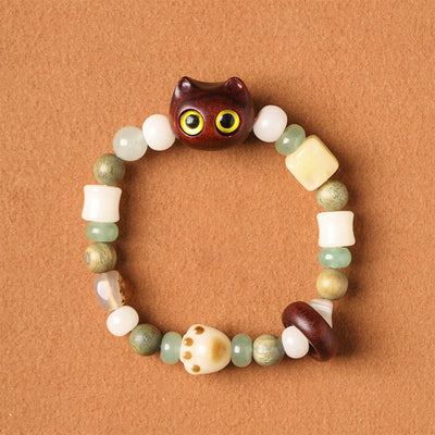Bracelet de paix Foviel avec tête et patte de chat en graine de Bodhi, bois de santal vert, bois d'ébène et bois de santal rouge à petites feuilles