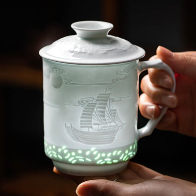 Buddha Stones Jingdezhen Linglong Porcelain Auspicious Dragon Phoenix Boat Smooth Sailing Ceramic Teacup Office Tea Cups 420ml Cup BS Boat Smooth Sailing 9.5cm*13.5cm*420ml