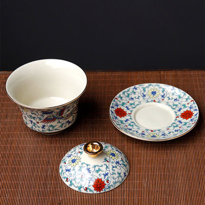 Buddha Stones Retro Plum Blossom Pine Bamboo Phoenix Kirin Ceramic Gaiwan Sancai Teacup Kung Fu Tea Cup and Saucer with Lid Cup BS 8