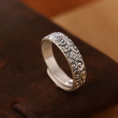 Foviel 999 Sterling Silver Lotus Flower Plum Blossom Auspicious Clouds Engraved Enlightenment Ring