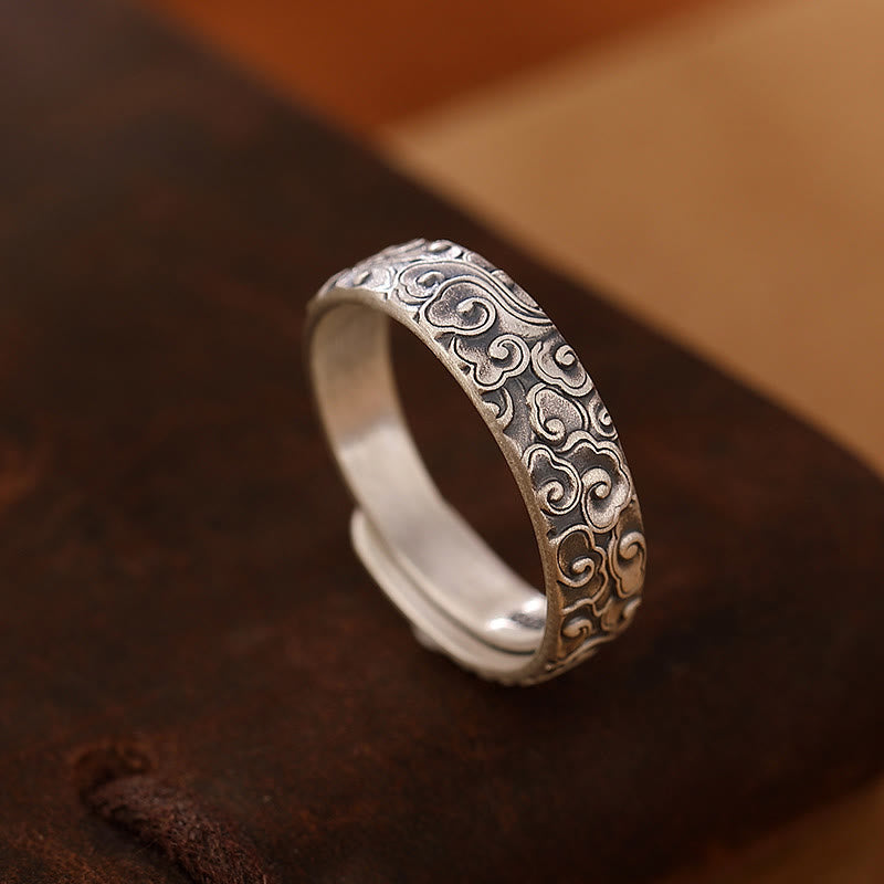 Foviel 999 Sterling Silver Lotus Flower Plum Blossom Auspicious Clouds Engraved Enlightenment Ring