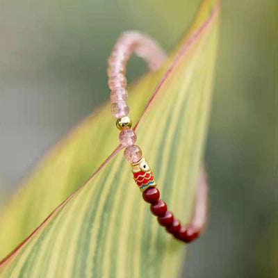 Buddha Stones Natural Strawberry Quartz Cinnabar Lucky Koi Fish Healing Bracelet Bracelet BS 21