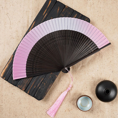Buddha Stones Solid Color Gradient Hollow Engraved Handheld Bamboo Folding Fan Folding Fan BS Pink Gradient 21.5cm