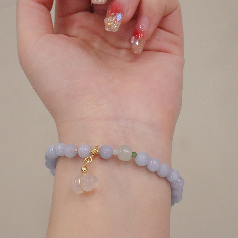 Buddha Stones Natural Aquamarine Chalcedony Serenity Rabbit Gourd Cat Charm Bracelet Bracelet BS 5
