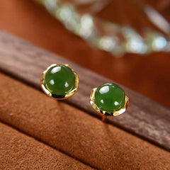 Buddha Stones 925 Sterling Silver Plated Gold Natural Hetian Cyan Jade Bead Luck Stud Earrings Earrings BS Hetian Cyan Jade(Success♥Healing)