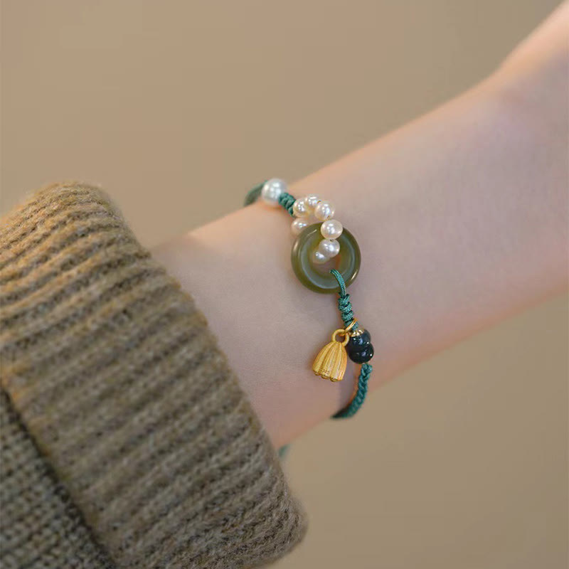 Buddha Stones Natural Hetian Jade Peace Buckle Pearl Luck Handcrafted Braided Bracelet Bracelet BS 4