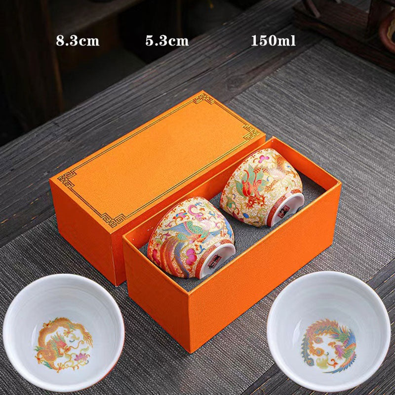 Buddha Stones 2Pcs Dragon Phoenix Ceramic Teacup Kung Fu Tea Cups Cup BS 2Pcs Dragon And Phoenix 8.3cm*5.3cm*150ml