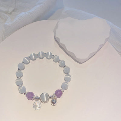 Buddha Stones Cat's Eye Amethyst Fu Character Bell Charm Support Bracelet Bracelet BS 3
